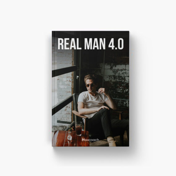 Man sitting with drink, "Real Man 4.0".