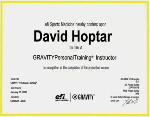 A certificate of appreciation for the completion of gravity personal training.