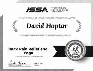 A certificate of appreciation for the award of yoga and back pain relief.