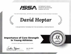 A certificate of excellence for the importance of core strength in young athletes.